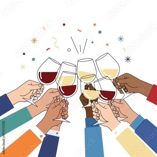 Diverse hands clinking wine glasses in celebration, confetti and sparkles