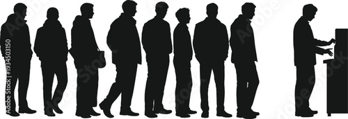 Silhouette of people standing in queue at ATM machine, urban crowd waiting in line concept for banking service transaction