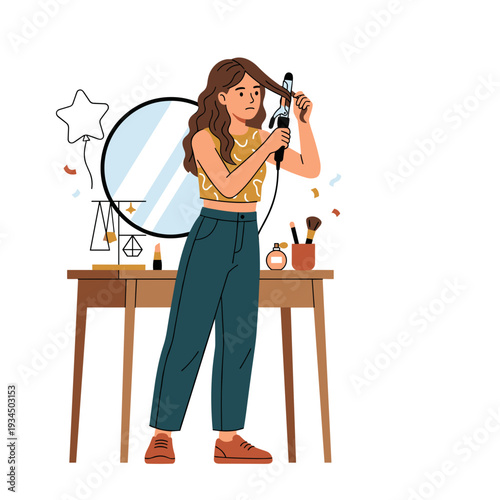 Teenage girl curling hair with styling iron preparing for party at home. Concept of beauty routine and self care atmosphere