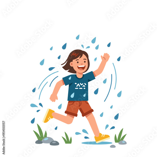 Happy teenager laughing while running and jumping in warm summer rain. Concept of freedom and joyful childhood atmosphere