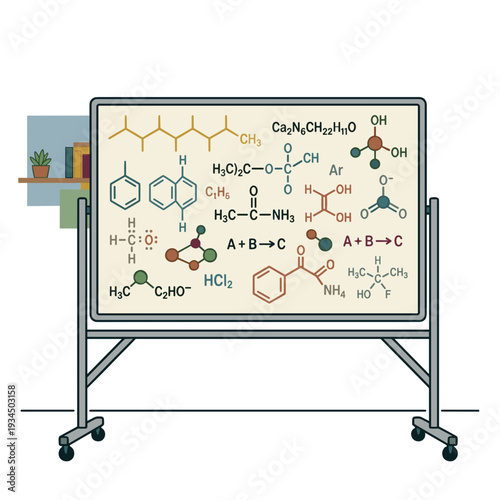 Classroom whiteboard filled with organic chemistry formulas and molecular structures. Concept of science education and laboratory study atmosphere