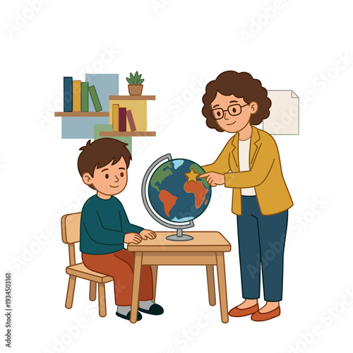 Teacher guiding young student while pointing at globe in classroom. Concept of geography lesson and supportive education atmosphere