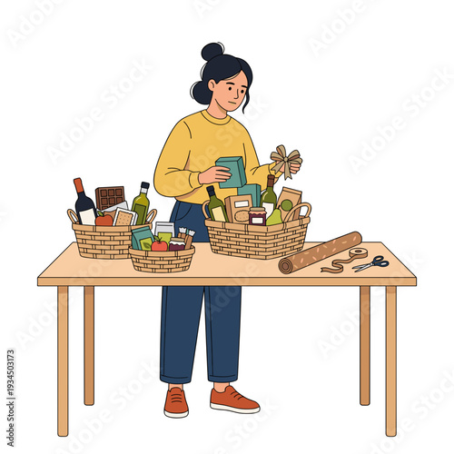 Woman assembling gourmet gift baskets with food and drinks on table. Concept of holiday preparation and handmade presents atmosphere