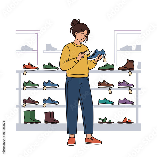 Woman examining price tag while choosing shoes in store. Concept of shopping decision and retail atmosphere