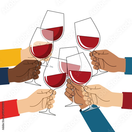 Diverse hands clinking wine glasses in celebration, toasting with red wine