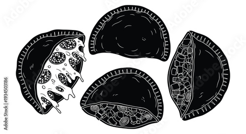 A detailed black and white illustration showcases three empanadas in varying stages of being eaten a striking silhouette high quality