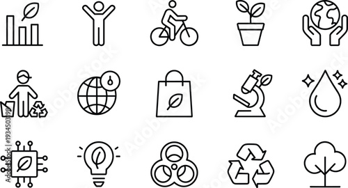 Black-and-white icon illustration set of environmental sustainability concepts including recycling, clean water, eco shopping, green technology, and conservation for ecology and awareness themes