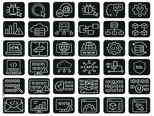Cybersecurity and web development vector icon set, modern line technology symbols for data protection, coding, cloud computing, network security
