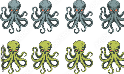 Skull octopus illustration seamless pattern, vintage engraving style kraken monster with tentacles for tattoo, marine horror design