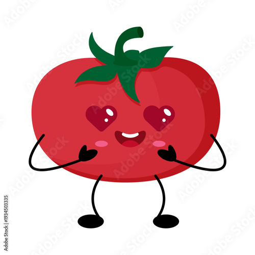 Smiling tomato kawaii character with hearts, tiny limbs and playful pose glossy red body, green stem and leaf, heartshaped eyes, open smile, simple black arms and legs,