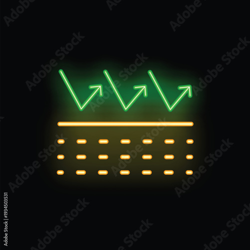 Neon icon of breathable material allowing airflow, represented by arrows passing through surface