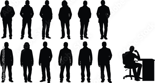 Collection of Male Silhouettes in Casual and Formal Wear, One Seated at Desk person figure