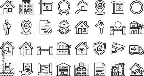 Modern Thin Line Real Estate and Property Icons Set with House, Mortgage, Construction, Security, Investment and Smart Home Symbols