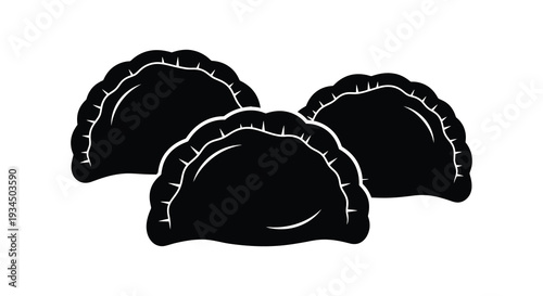 A striking black and white illustration depicts three empanadas showcasing a bold minimalist silhouette high quality professional detailed modern elegant
