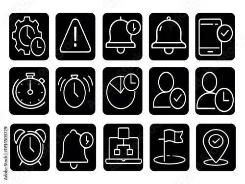 Minimalist notification and alert icon set, line vector UI symbols for alarm, reminder, mobile app interface design
