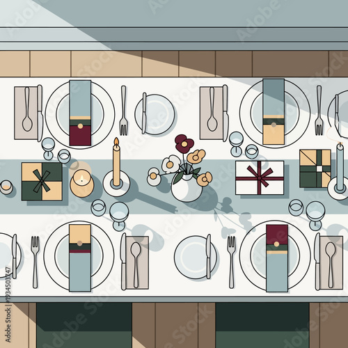 Elegant Table Setting for Celebration Dinner with Gifts and Flowers