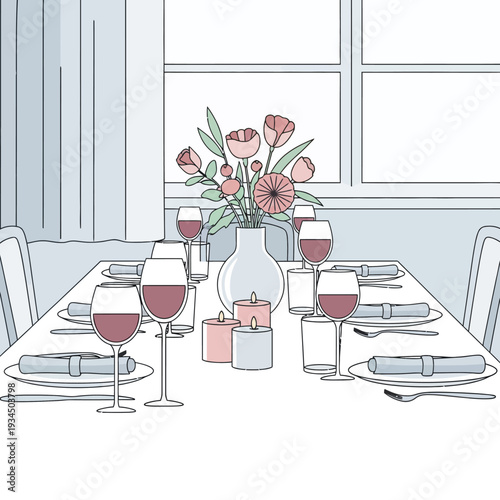 Elegant Dinner Table Setting with Wine Glasses, Flowers, and Candles