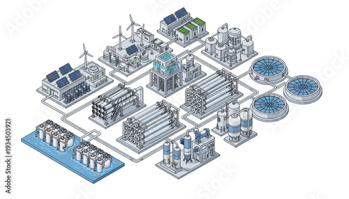 Detailed diagram of a hydrogen production facility with various stages and infrastructure.
