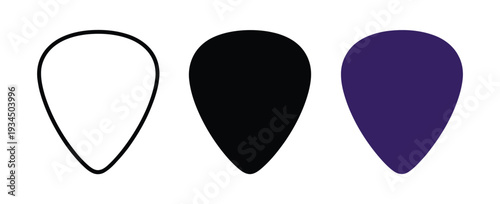 Guitar pick pack with outline, black solid and purple plastic plectrum icons for music industry graphics, sound production branding and professional digital artwork applications.