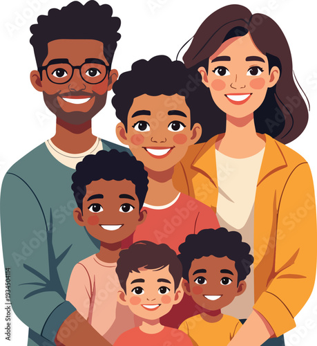 famiglia multi etnica con padre padre figli figlia sorridente che sorride vettoriale 