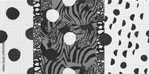 Mixed media collage of black and white patterns