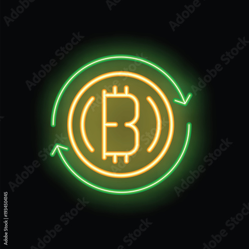 Neon green sign of a rotating bitcoin cryptocurrency is glowing on a black background