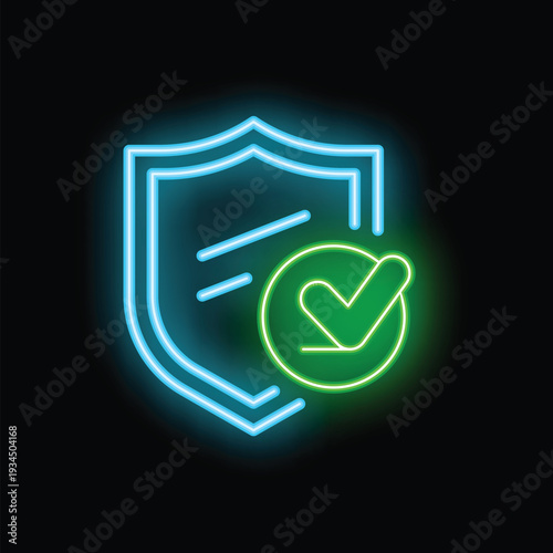 Neon glowing shield with green check mark representing online security, data protection and safety