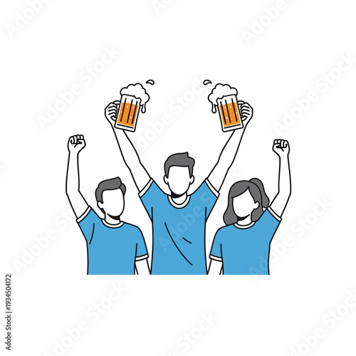 Friends celebrating with beer, cheering and raising glasses, happy people enjoying a good time