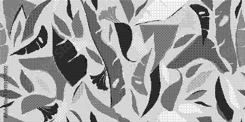 Black and gray leaves on a white textured background fabric pattern design