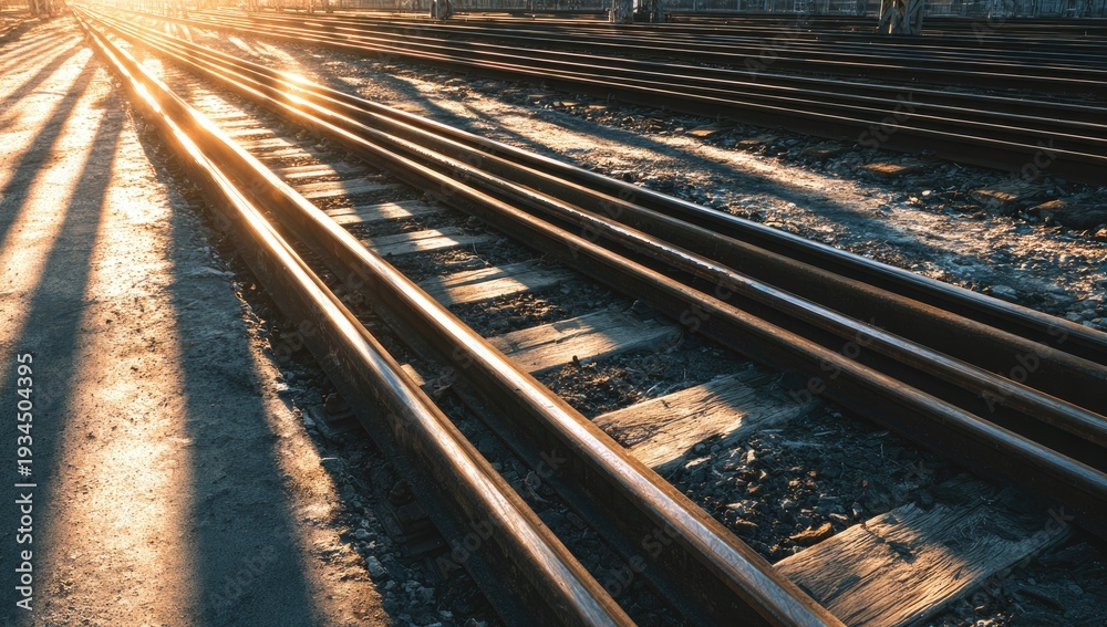 Fototapeta premium Sunlight Streams Across Railroad Tracks at Dusk.