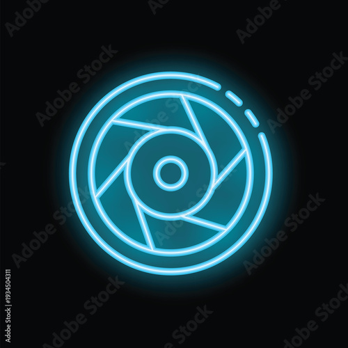 Bright blue neon camera lens aperture glowing on a black background