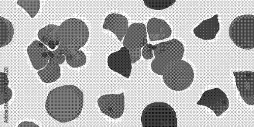 Black and white spotted pattern on fabric with flowers and petals