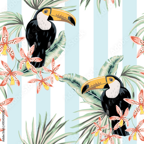 Tropical toucans, orchid flowers, palm leaves, striped background. Seamless pattern. Vector illustration. Exotic plants, birds. Summer beach design. Paradise nature