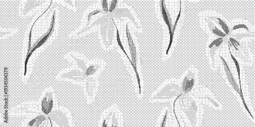 Black and white floral pattern with leaves and flowers on gray background