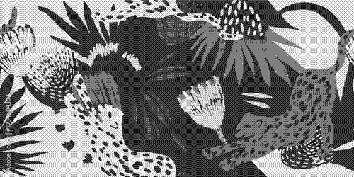 Black and white animal print with leopard and tropical leaves on gray background