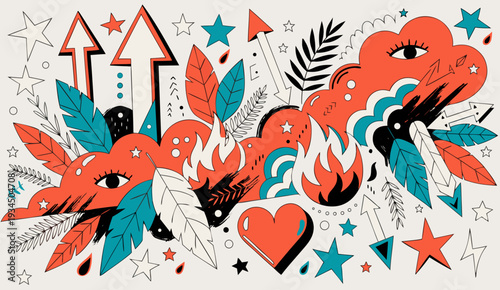 Collection of Hand Drawn Icons with Night Stars, Tropical Leaves ,Grunge Brush Stroke, Arrows Set, Red Heart , Shadow Effect, Clouds Flying and Fire Flames Background .vector icon