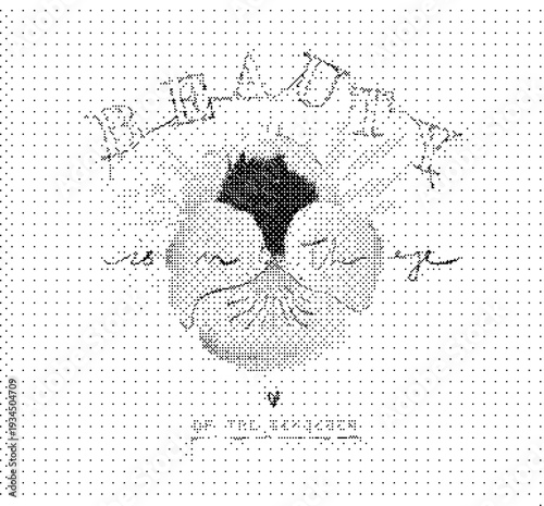 Black and white illustration of a lions face with crown and text