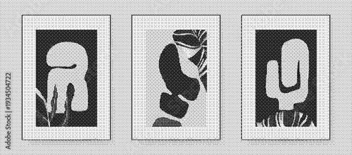 Three framed black and white illustrations of cacti and a face on a textured background