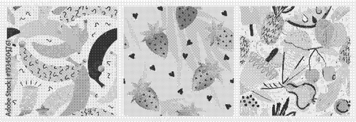 Black and white floral patterns with leaves and flowers on textured background