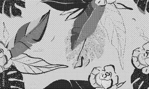 Black and white floral pattern with leaves and flowers on light background