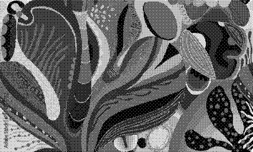 Black and white floral pattern with leaves and flowers on textured background