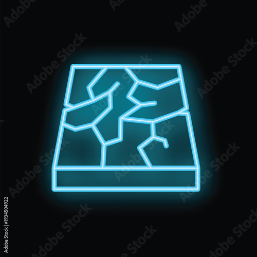 Glowing blue neon icon representing a cracked surface, evoking concepts of damage, breakage, and deterioration