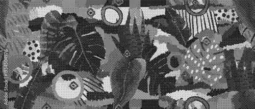 Collage of various objects and patterns in black and white hues combined