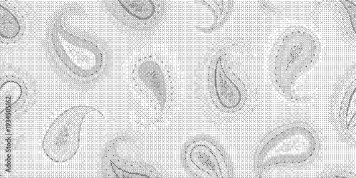 Black and white paisley pattern on textured background with teardrop shapes