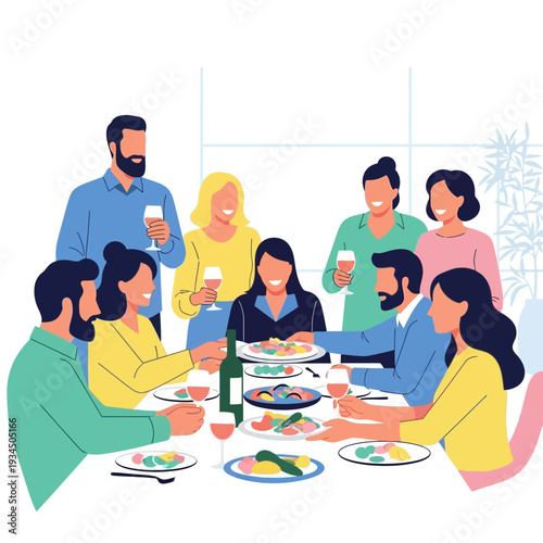 Friends Enjoying a Dinner Party Together at a Table with Food and Wine