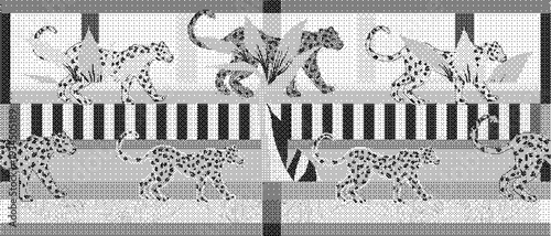 Black and white illustration of cheetahs and leopards on a striped pattern