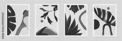 Selection of black and white botanical art pieces with leaves and plants