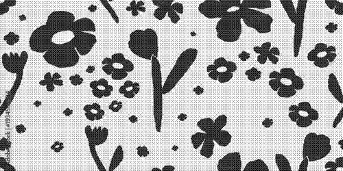 Black floral pattern on with various flowers and stems