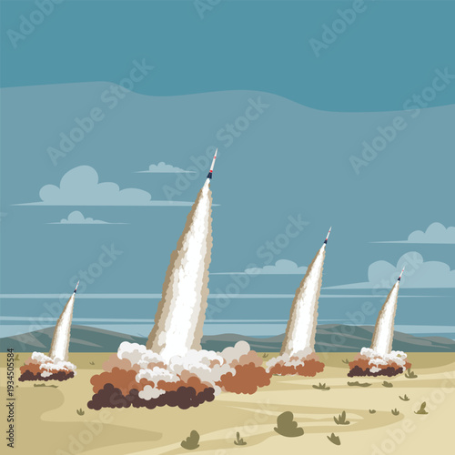 Ballistic Missile Launches Trail Over Desert Landscape.