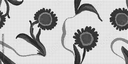 Black and white floral pattern with sunflowers on textured background